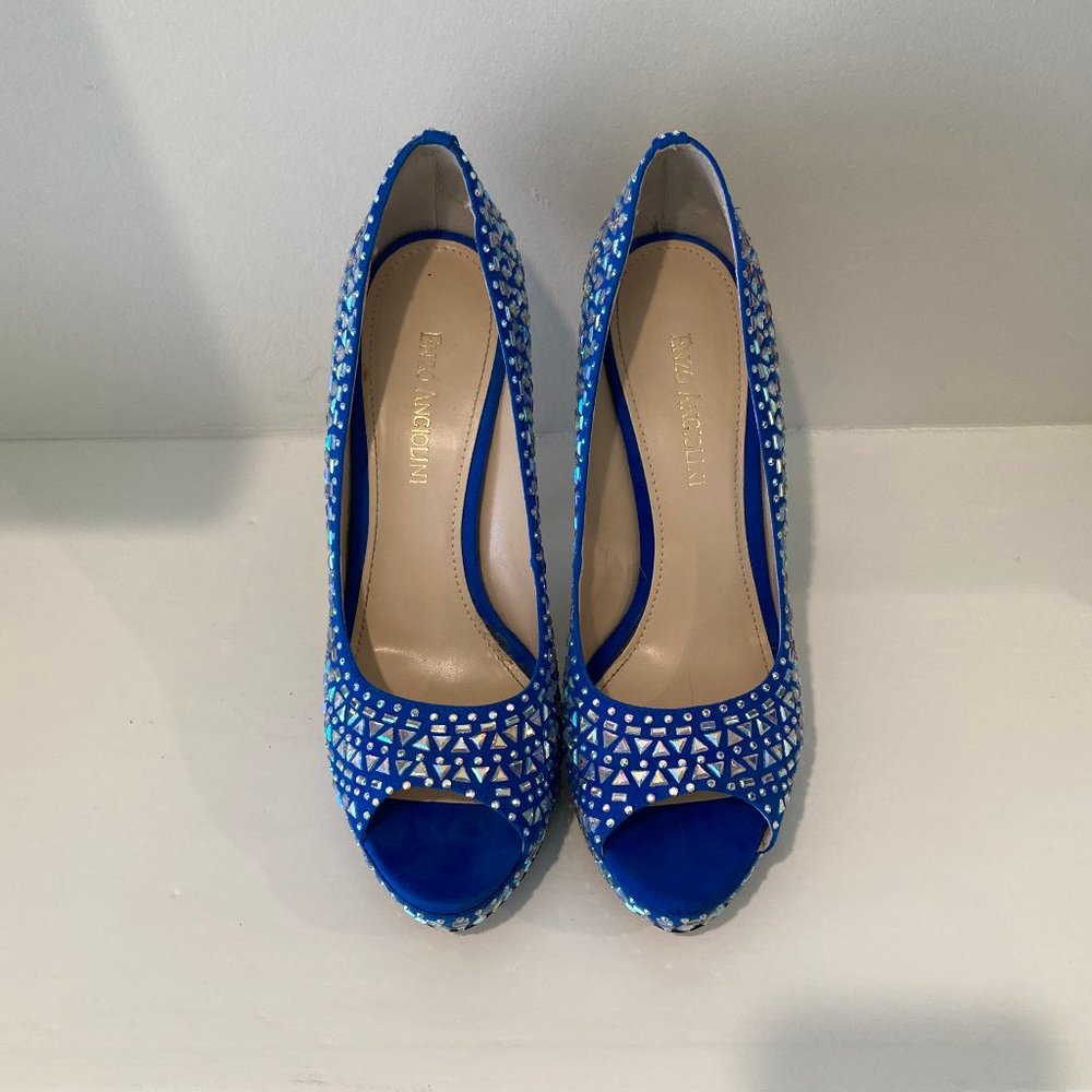 ENZO ANGIOLINI size 8 blue fun embellished platform peep toe heel - Picture 4 of 11